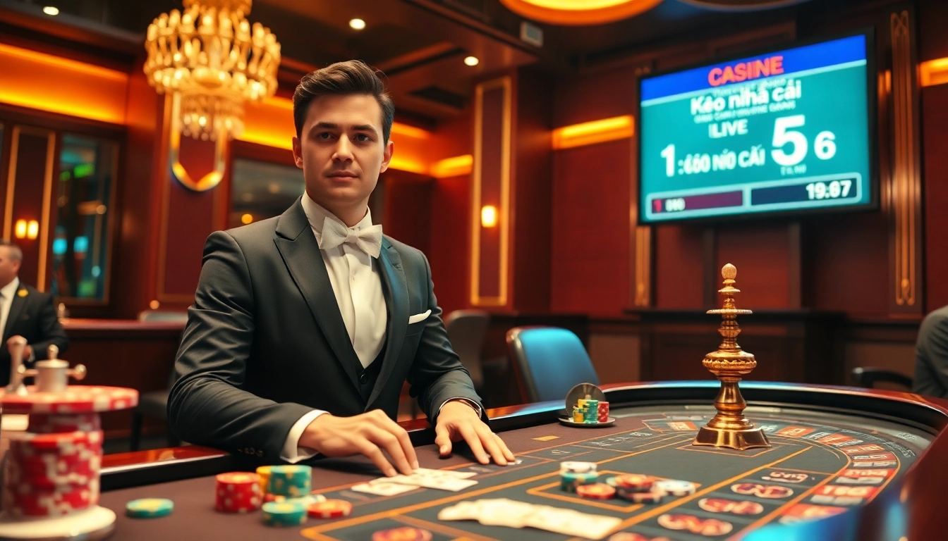 Kèo nhà cái 5 showcasing a high-stakes casino table with cards, chips, and live betting odds.