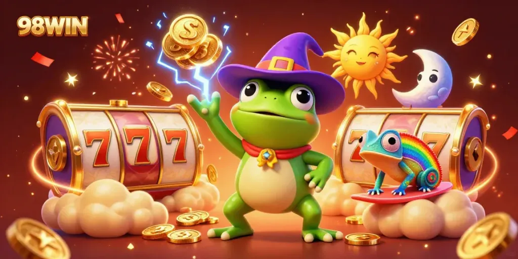 Experience the excitement of 98WIN with a dynamic casino-themed scene featuring magical characters and gold elements.