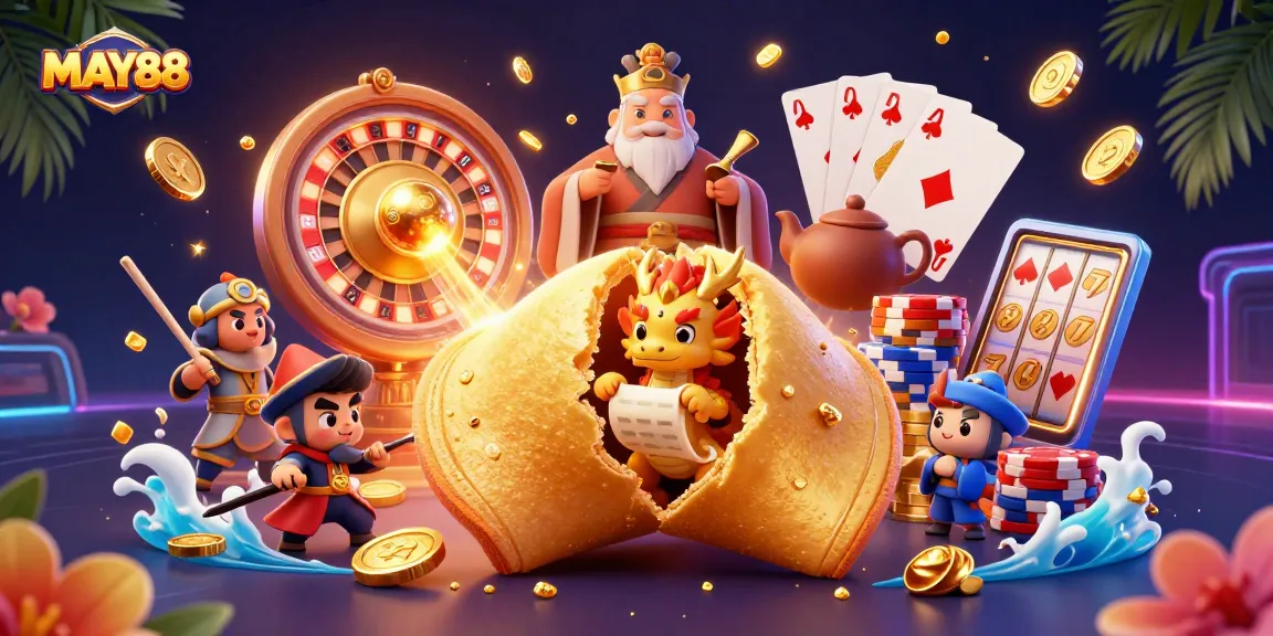 MAY88 harnesses fortune with a golden cookie scene featuring games and rewards in a vibrant casino setting.