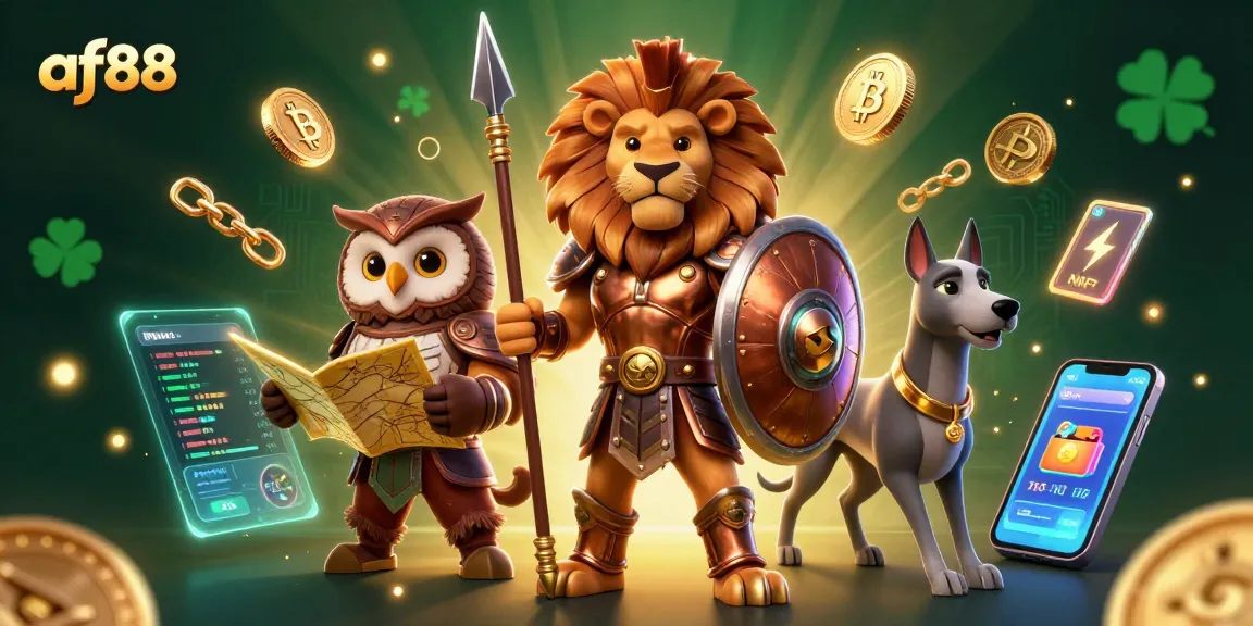 Experience winning strategies at af88, featuring a dynamic casino scene with characters and virtual coins.