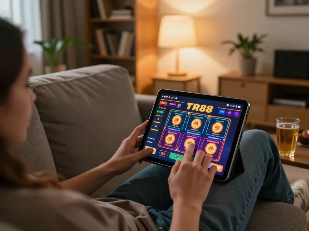 Player engaged in TR88 online gaming, showcasing tablet interface and cozy atmosphere