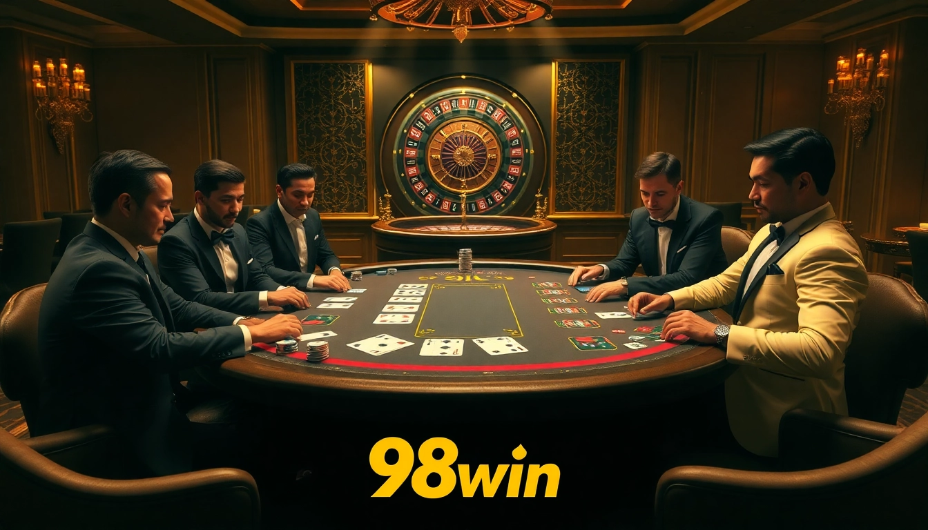 Players enjoying high-stakes poker at 98win's luxurious casino table, creating excitement.