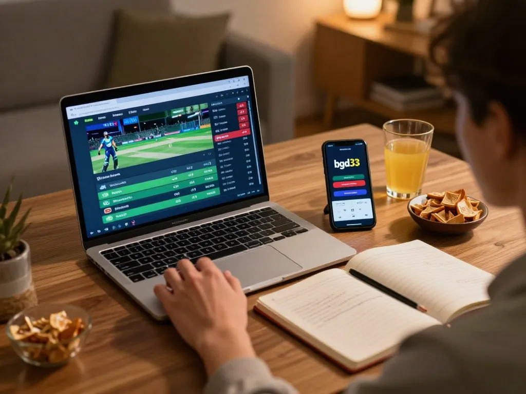 Engaged gambler using bgd33 app for cricket betting on a laptop at home, showcasing a strategic betting setup.