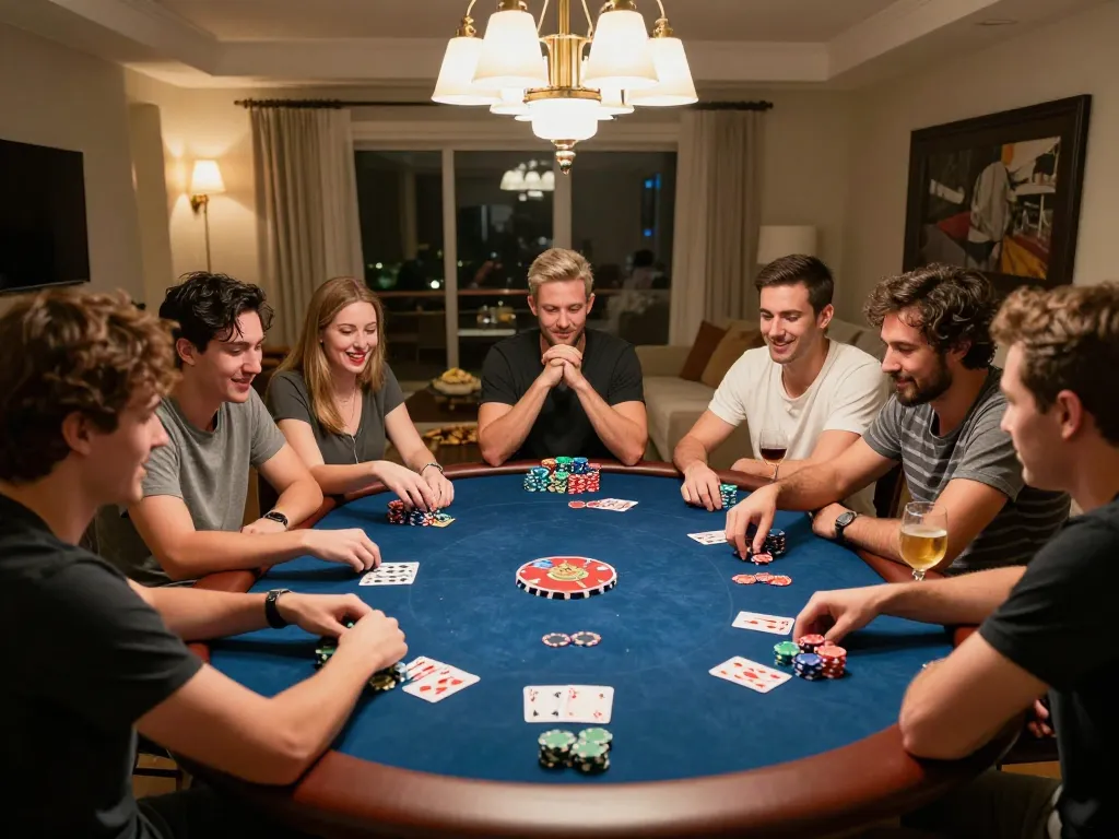 Friends enjoying a competitive poker game night at home, showcasing Vipwin's strategic gameplay