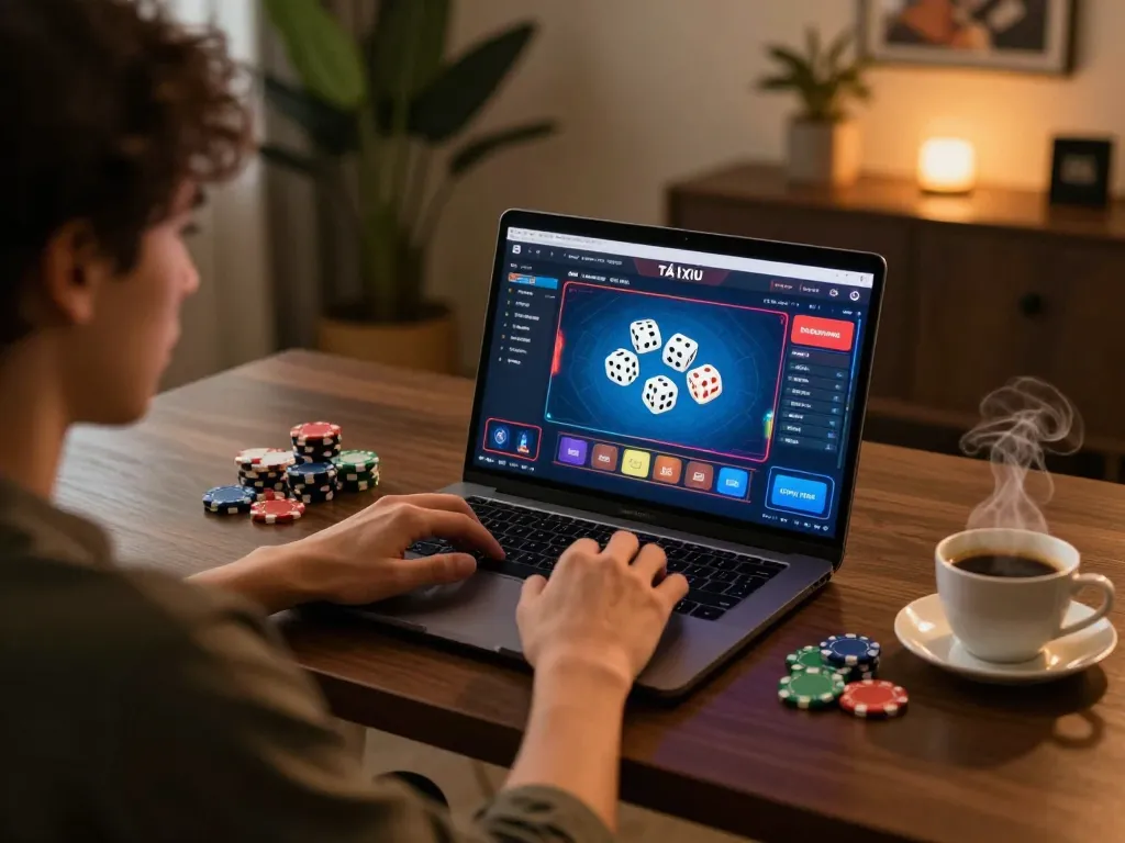 Tài xỉu online uy tín gameplay shown on laptop, player engaged in strategic decision-making during an online session