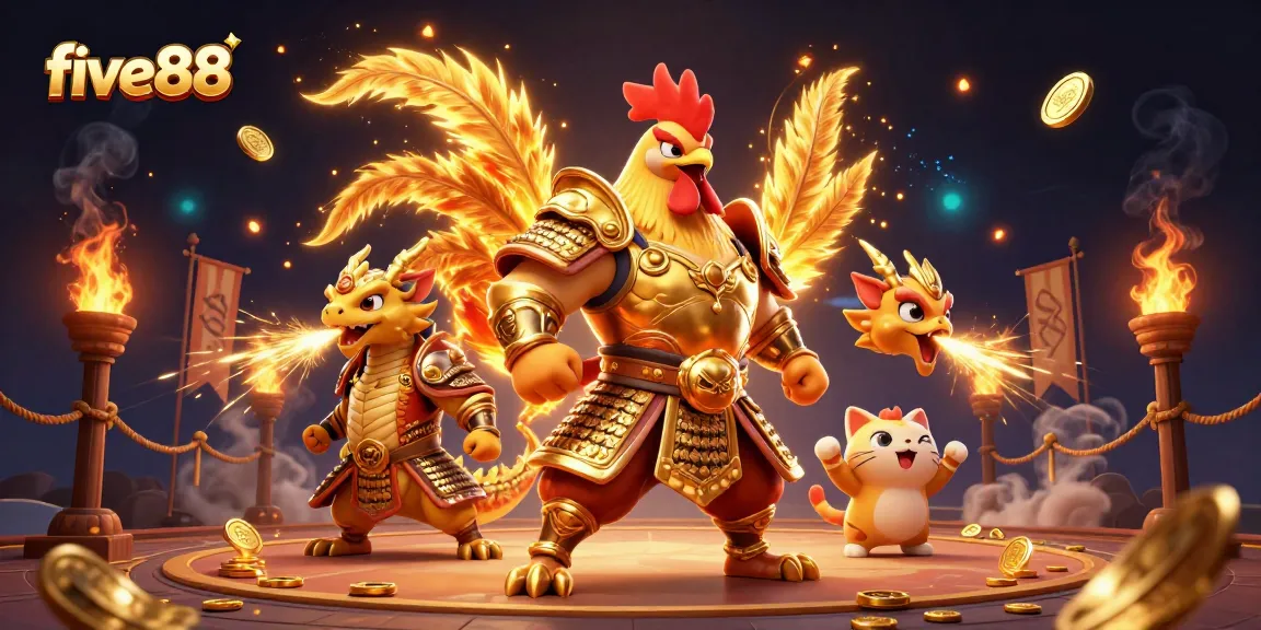 Experience thrilling gameplay at five88 with a vibrant 3D rooster warrior in a dynamic casino setting.