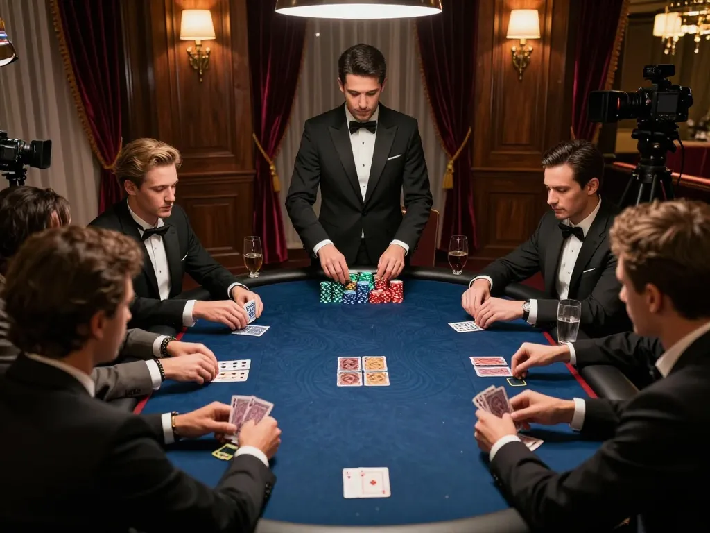 Engaged players at an upscale poker table discussing strategies for https://tt88n0hu.com/ with rich decor and drinks.