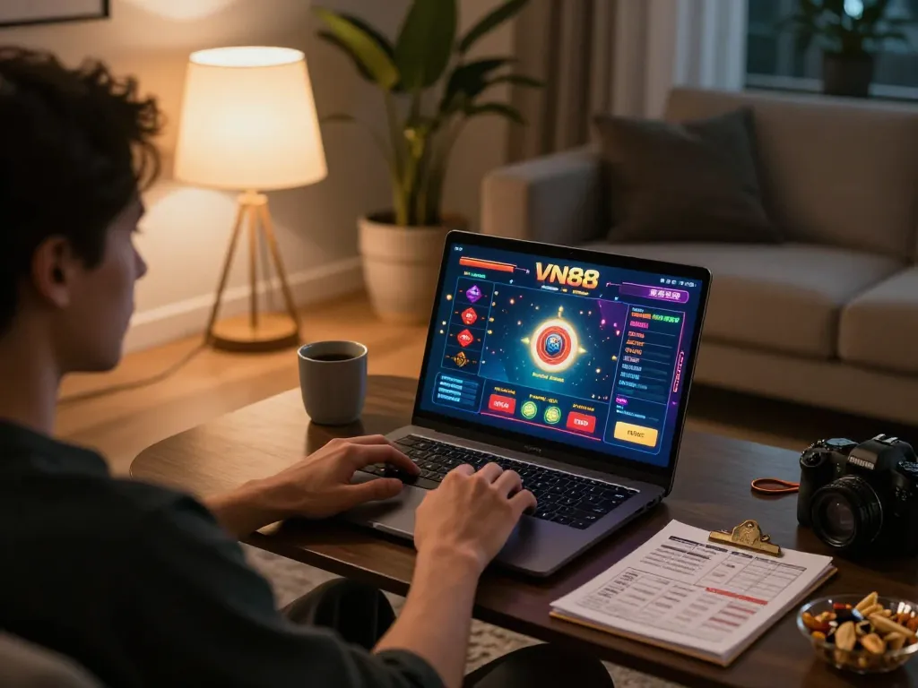 Player enjoying VN88 online casino game with vibrant graphics in cozy home setup