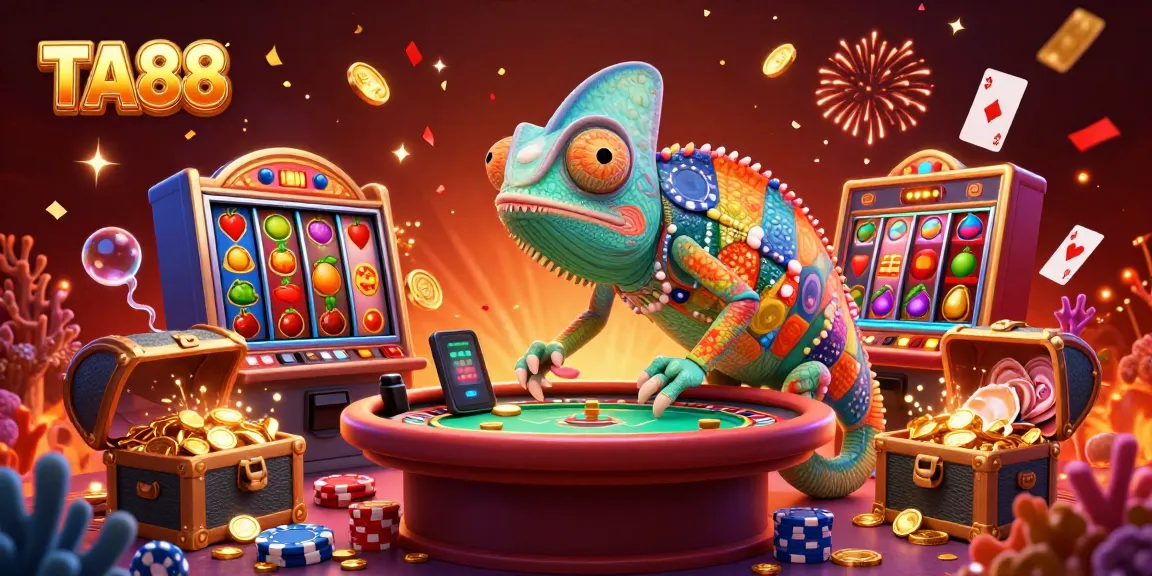 TA88's vibrant 3D casino scene showcases the chameleon owner among dazzling slot reels and treasure.
