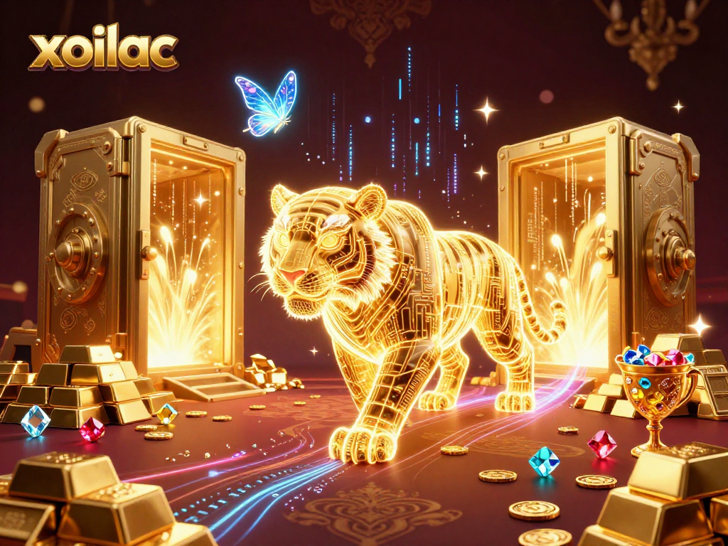Experience the vibrant digital casino world of xoilac, where a golden tiger encounters sparkling treasures.