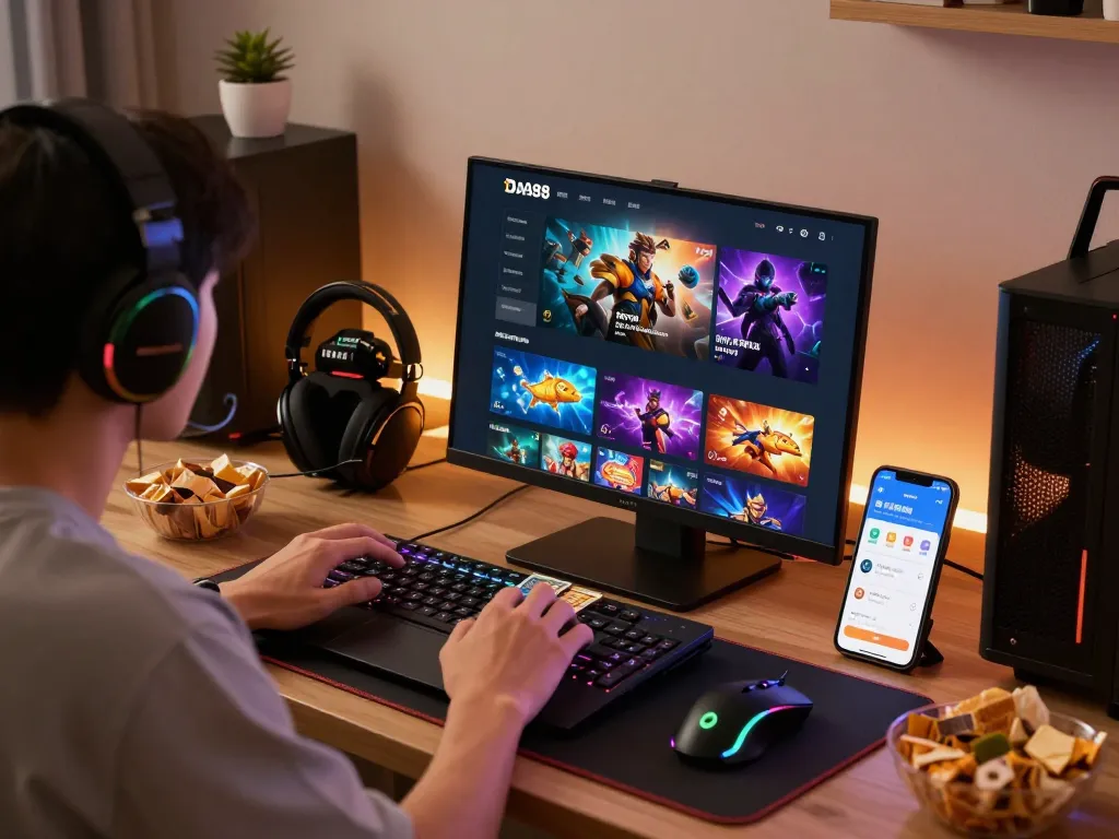 Engaged user exploring diverse games on DA88 online gaming platform in a cozy setup.