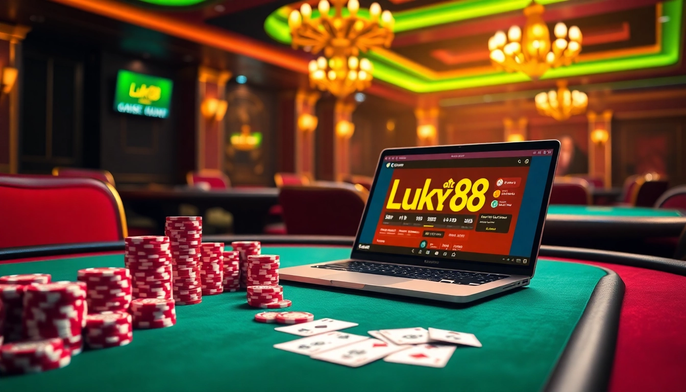 Experience thrilling gameplay at Lucky88 with vibrant chips, cards, and online betting excitement.