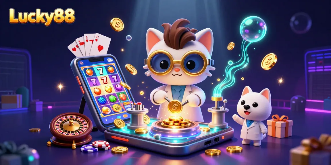 Experience the dynamic Lucky88 gaming scene with a scientist and dog amid casino themes.