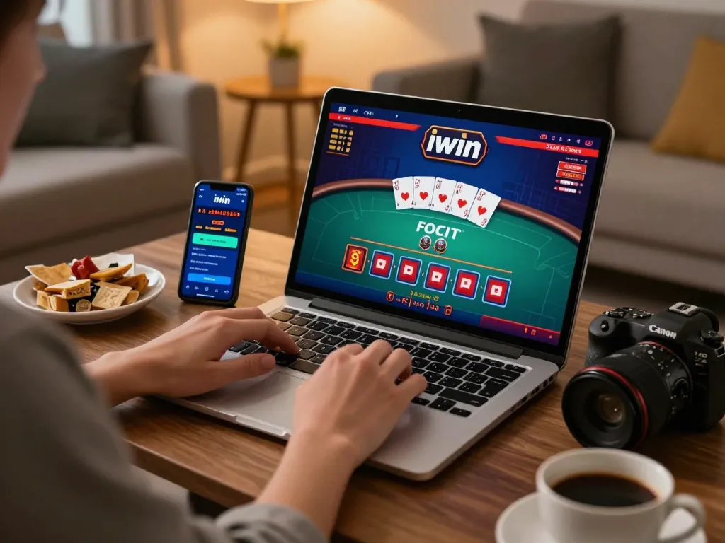 Enjoy exciting iwin casino gameplay on a laptop while relaxing at home in a cozy living room!