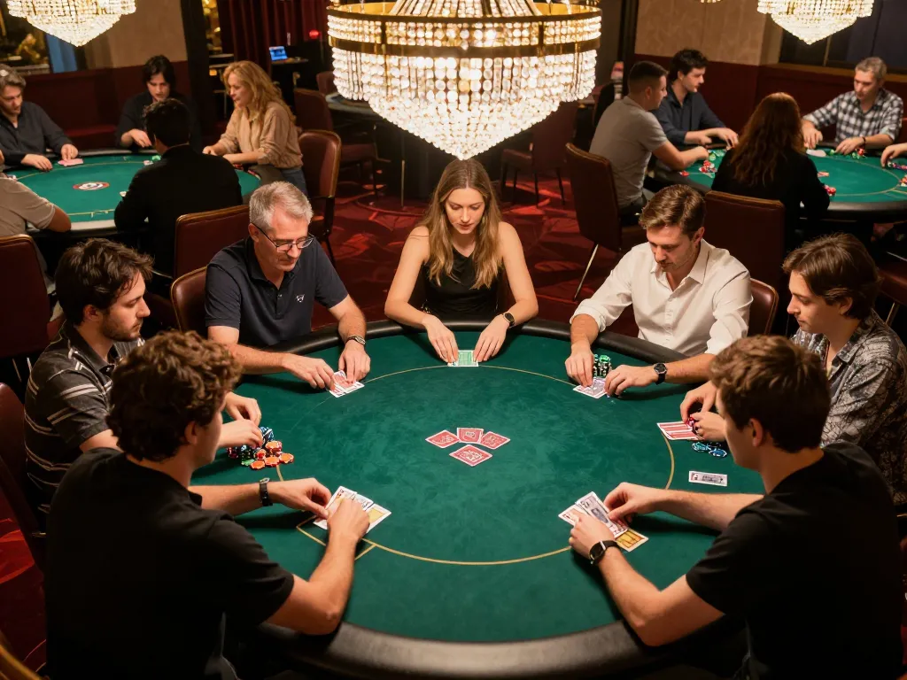 F168 players engaged in a high-stakes poker game, showcasing strategy and excitement in a luxurious casino
