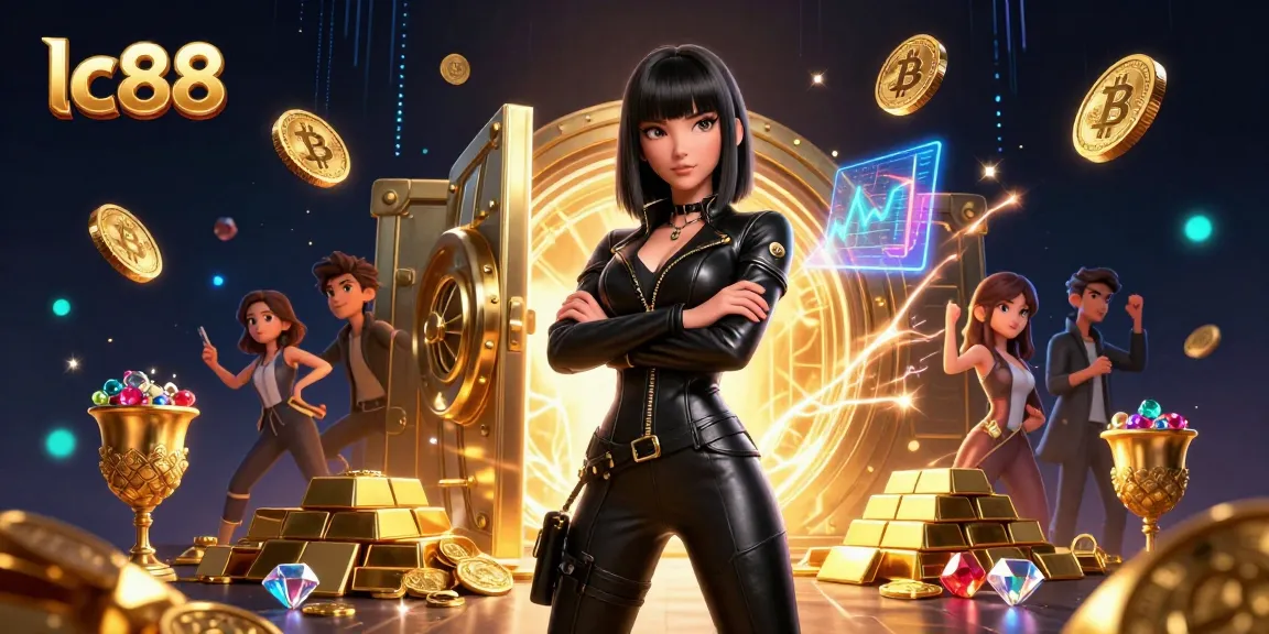 lc88 showcases a powerful Asian woman in a futuristic casino setting, with Bitcoin coins and gold treasures