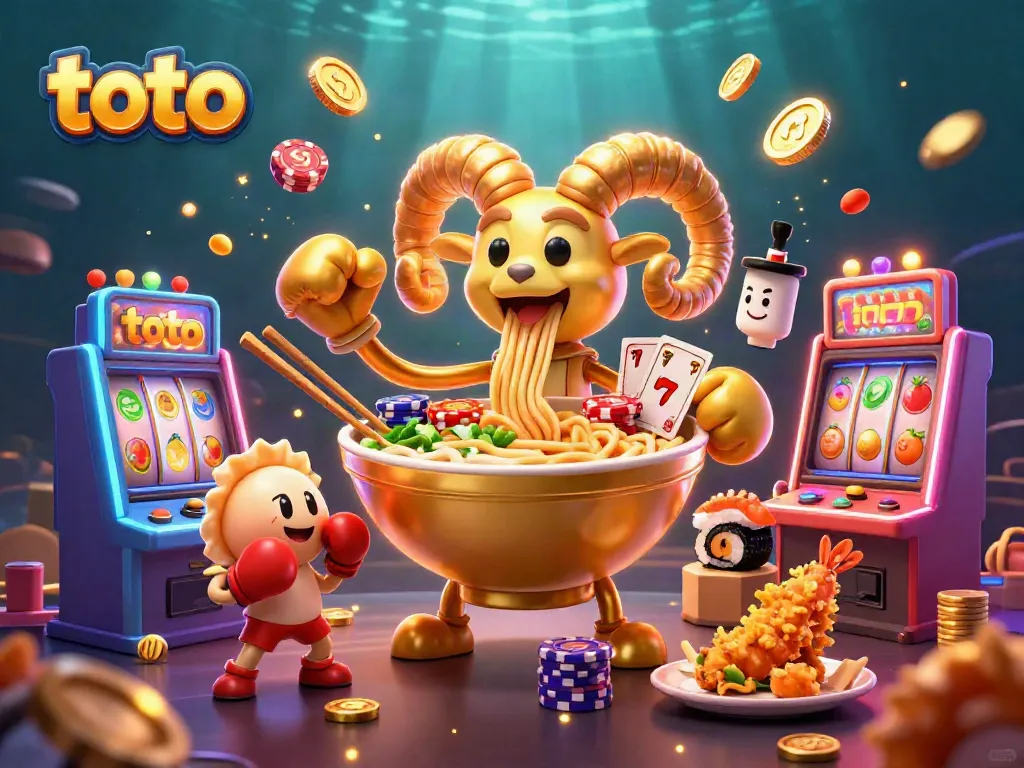 Engaging illustration of toto the giant ramen bowl in a casino setting, surrounded by vibrant slot machines.