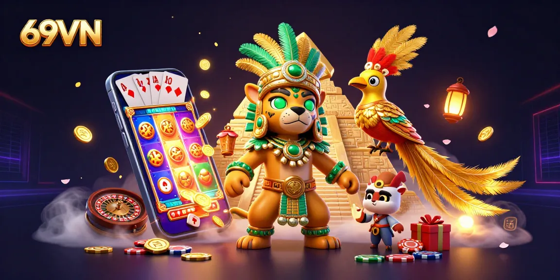 Spin to win at 69VN with vibrant slot games, golden coins, and exciting casino elements.