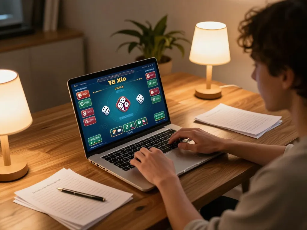 Tài Xỉu online gameplay on laptop with strategic betting notes in a cozy home setting