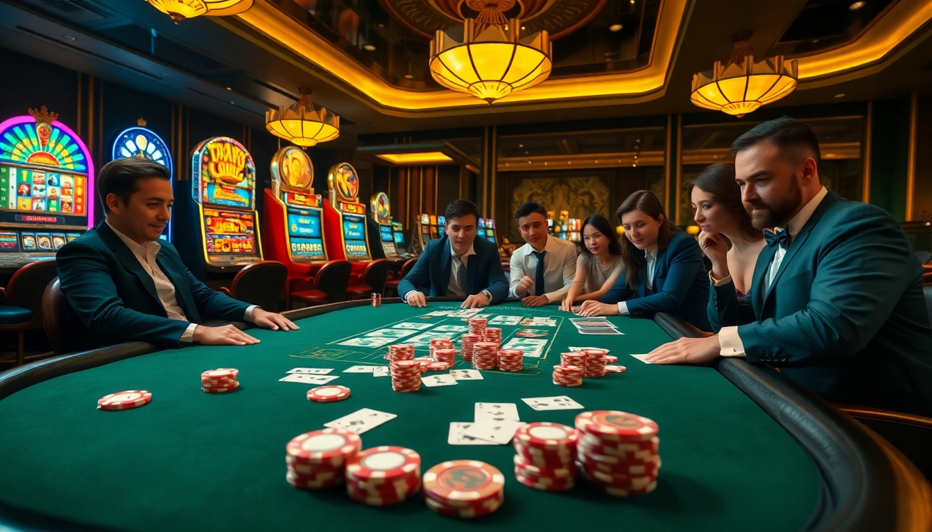 Nohu90's thrilling gaming experience with vibrant slot machines and poker chips on a luxury casino table.