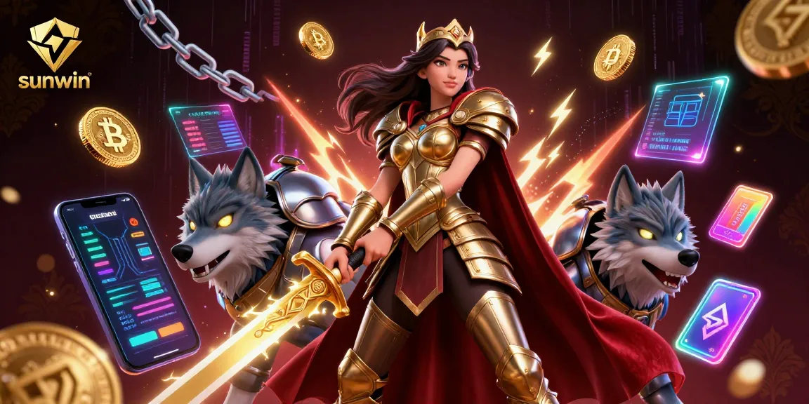 Engage in thrilling gameplay with Sunwin, featuring a warrior queen and her glowing-eyed companion amidst vibrant gaming elements.