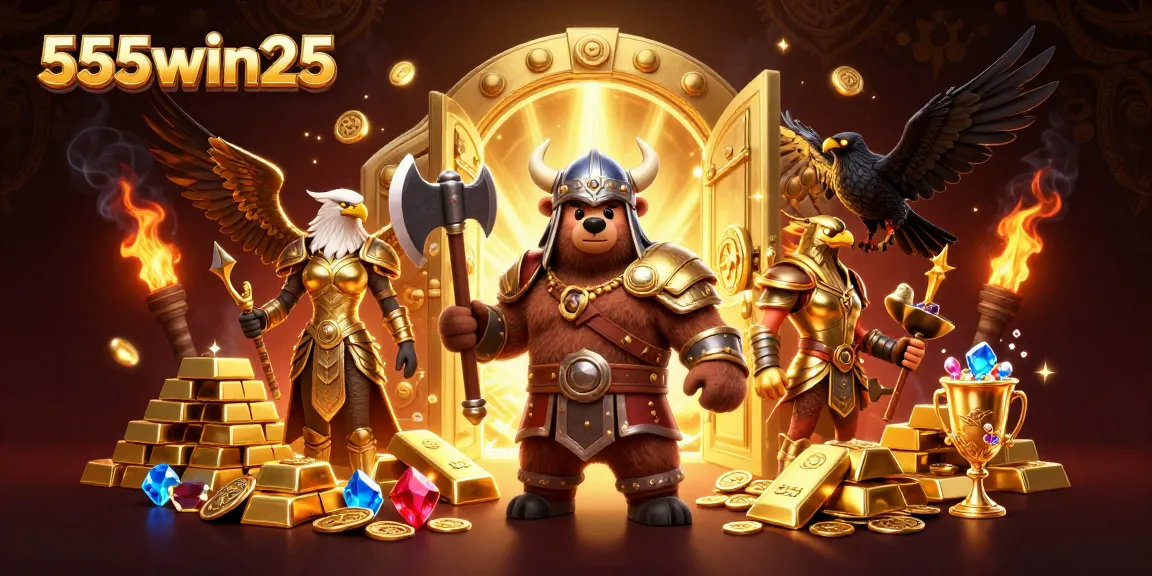 Join the excitement at 555win25 with Viking warriors and treasures in a vibrant casino scene.
