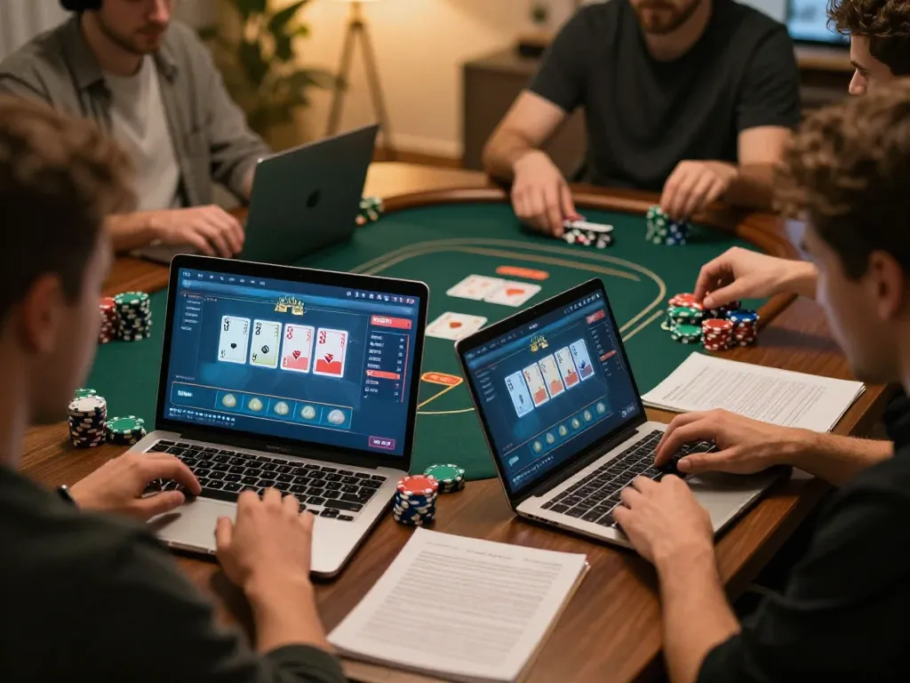 Excited players strategize in luck8 online poker game from home, enhancing gaming experience with notes.