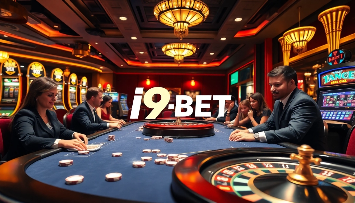 I9 BET logo in a luxurious casino setting showcasing thrilling card games and slot machines
