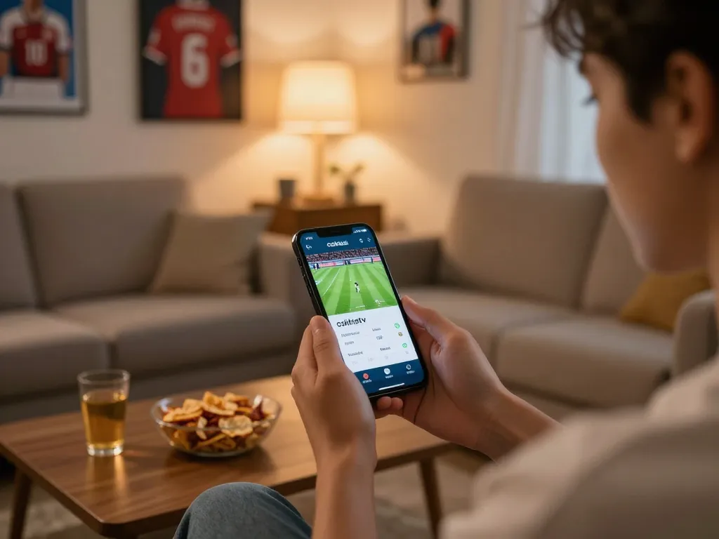 Engaging viewer using the cakhiatv app to watch live football matches in a cozy setting.