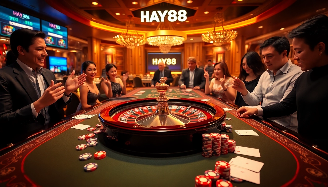 Players engaging in strategic bets at HAY88 casino table, showcasing excitement and luxury.
