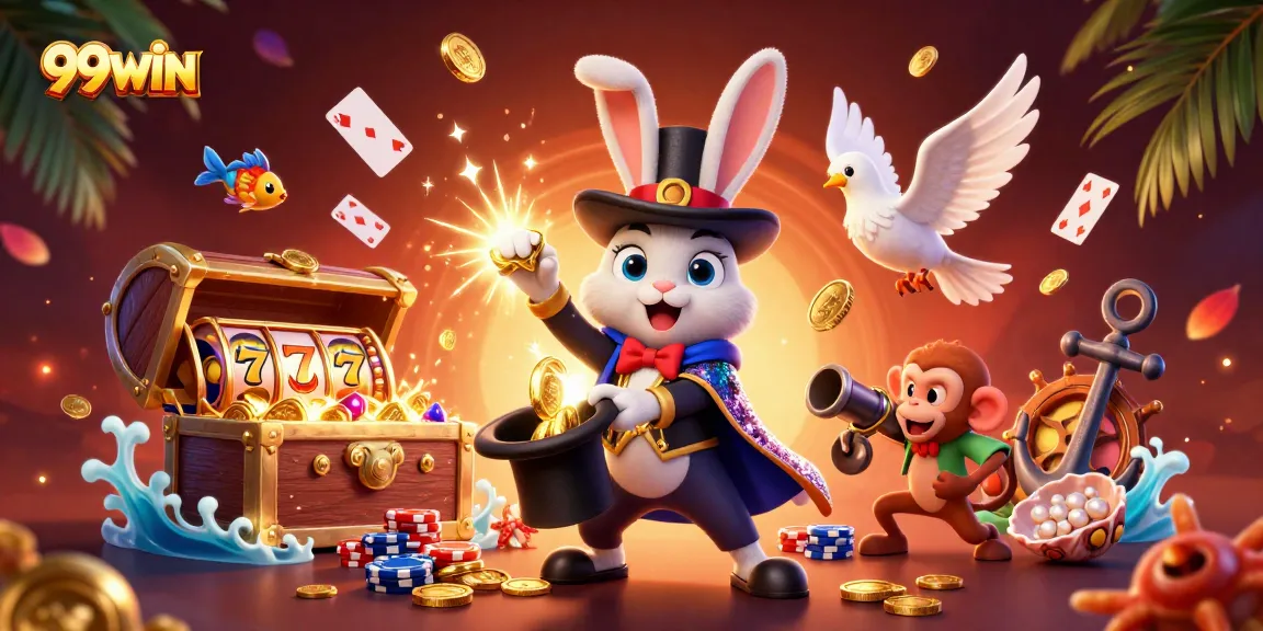 Experience winning with 99WIN as a magician rabbit pulls shimmering coins amid vibrant casino elements.