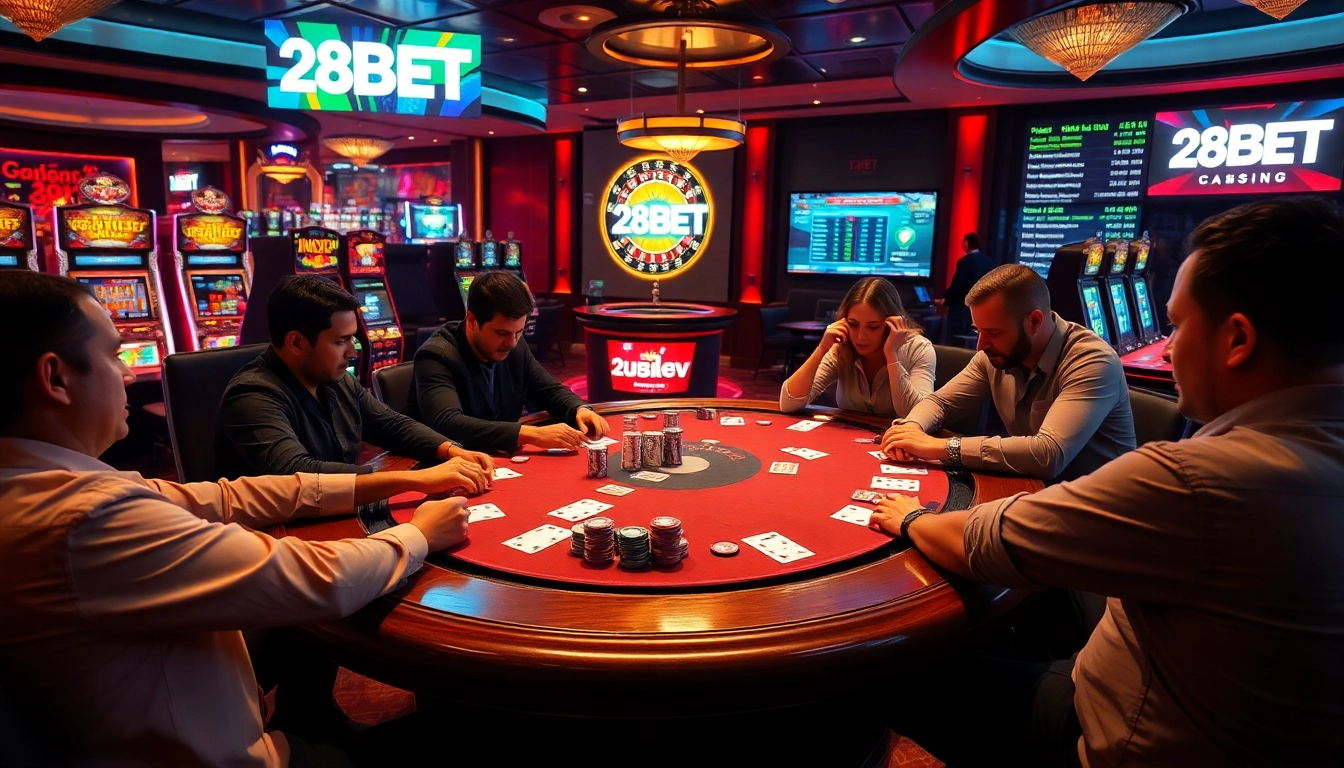 Engaged players at a high-stakes poker table, showcasing the excitement of 28BET casino.