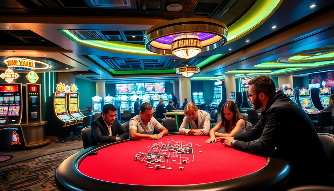 Engaging players strategize at a Thabet poker table in a vibrant casino environment.