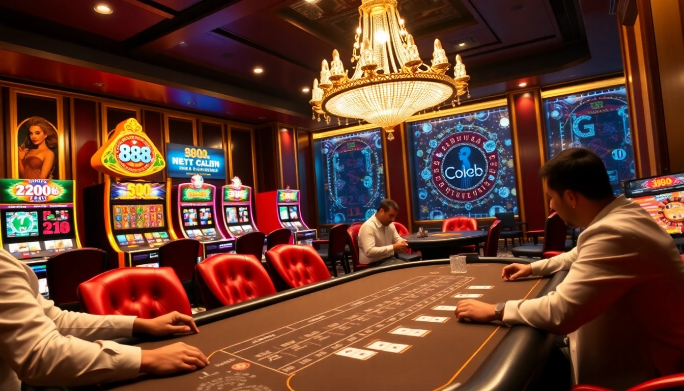 Players enjoying a poker game at 888b casino with vibrant slot machines and a roulette wheel.