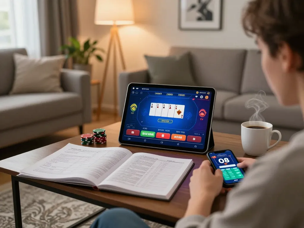 O8 online gaming experience with a player concentrating on poker strategies on a tablet.