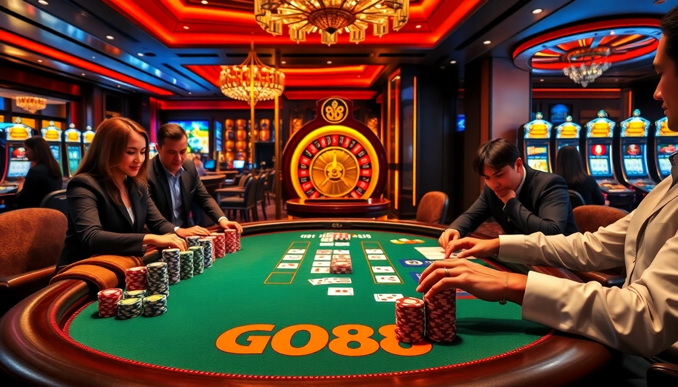 Exciting scene of GO88 poker game with vibrant chips and cards, emphasizing gambling strategy.