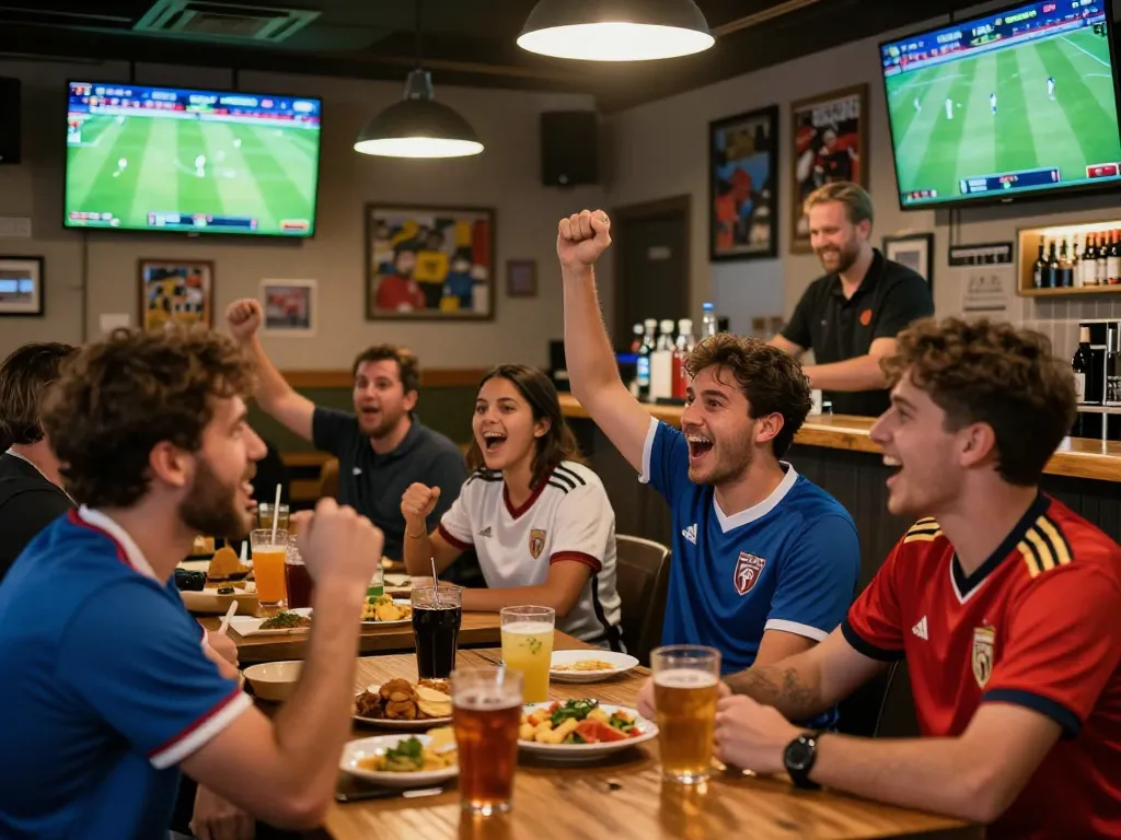 Excited soccer fans celebrating with soccer predictions during a lively match at a sports bar.