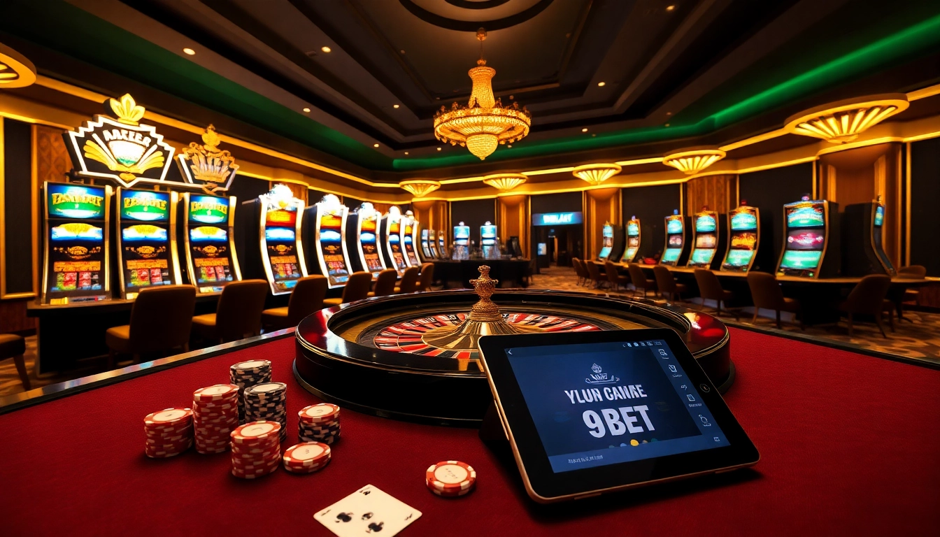 Engaging gaming scene at Nhà cái 9BET with roulette, cards, and poker chips showcasing the thrill.