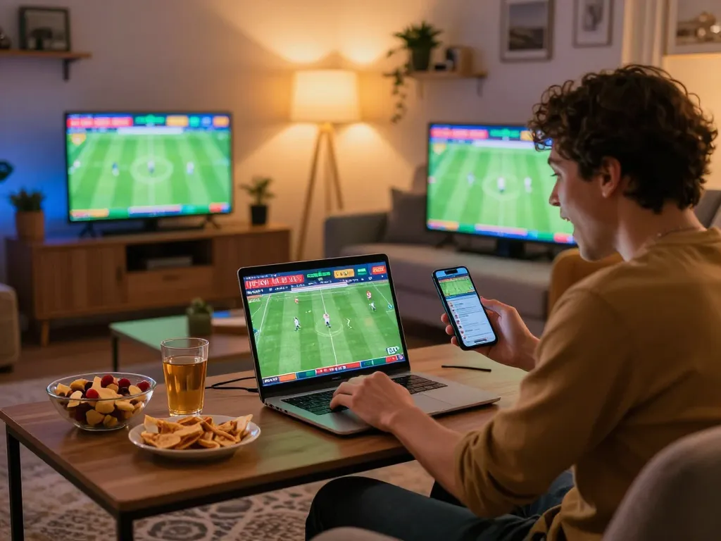 Person engaged in sports betting with kèo nhà cái on laptop and smartphone in a cozy living room.