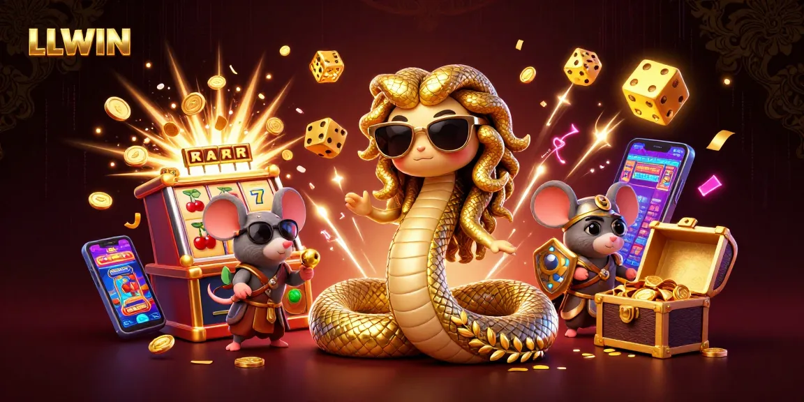 Engage in thrilling gaming experiences at LLWIN with dynamic casino elements featuring Medusa and a warrior mouse.