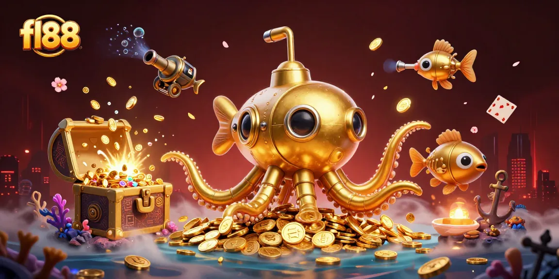 Win big with fl88 at the casino, featuring a golden kraken and treasure in a vibrant sea