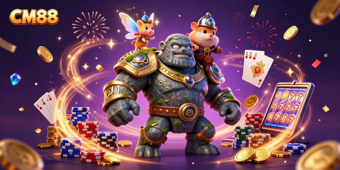 Experience CM88's exciting world of gaming with vibrant characters amidst cascading coins and flashy slot machines.