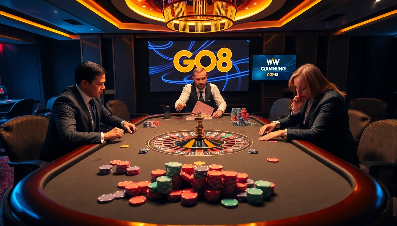 Experience the thrill of gambling with GO8's exciting poker game atmosphere and vibrant roulette wheel.
