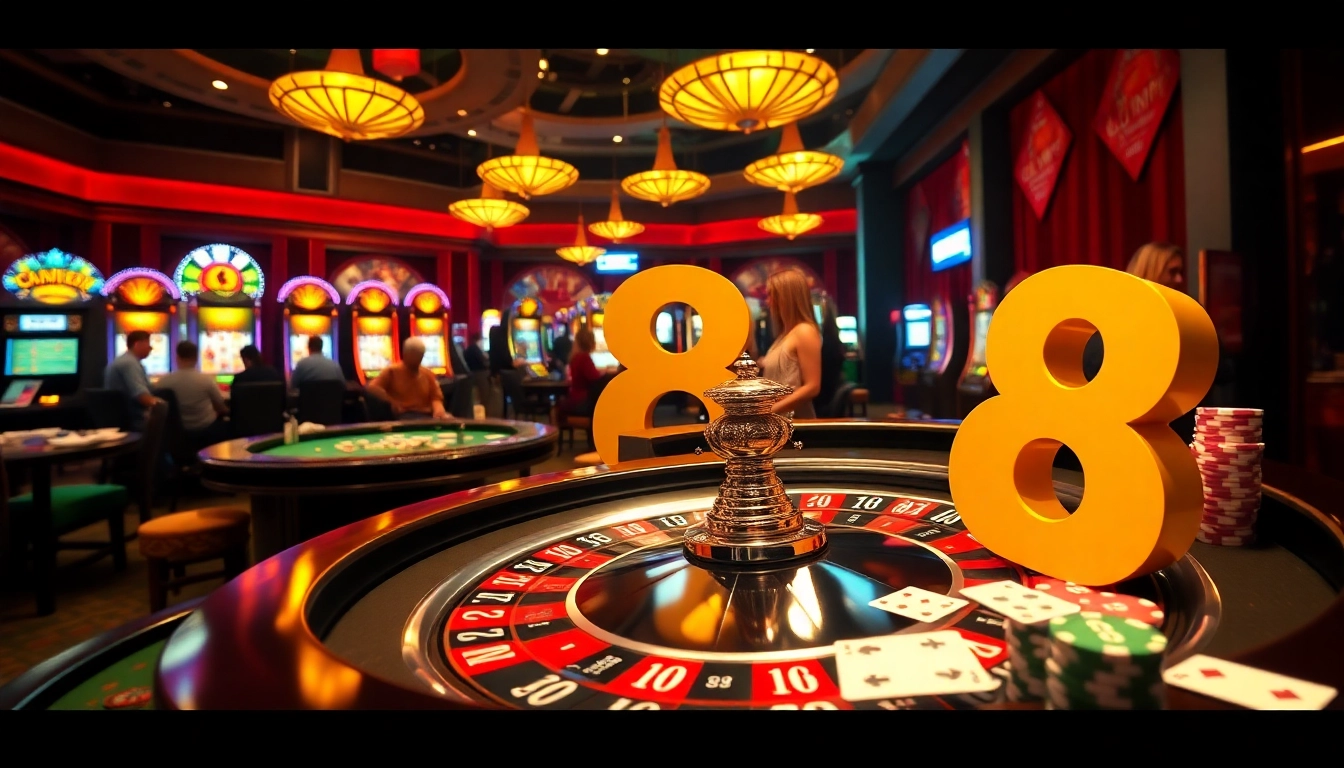 Exciting casino atmosphere showcasing gambling action at 8day with roulette table and vibrant slot machines.