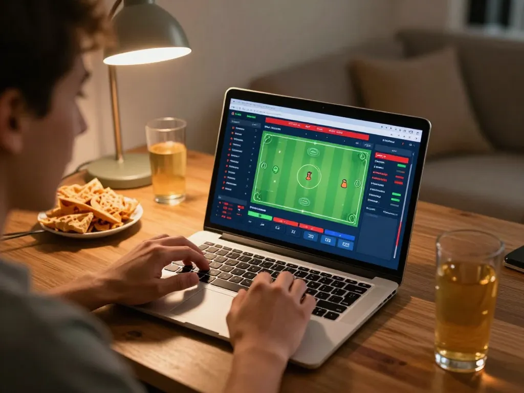 Engaged player placing bets on vsbet’s online sports betting platform from home setup.