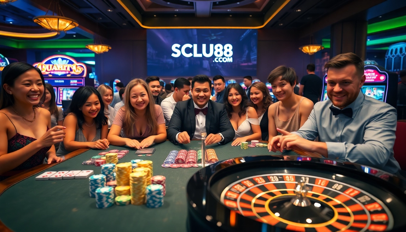 Experience the thrilling atmosphere of SCLUB88 COM with vibrant casino tables and eager gamblers.