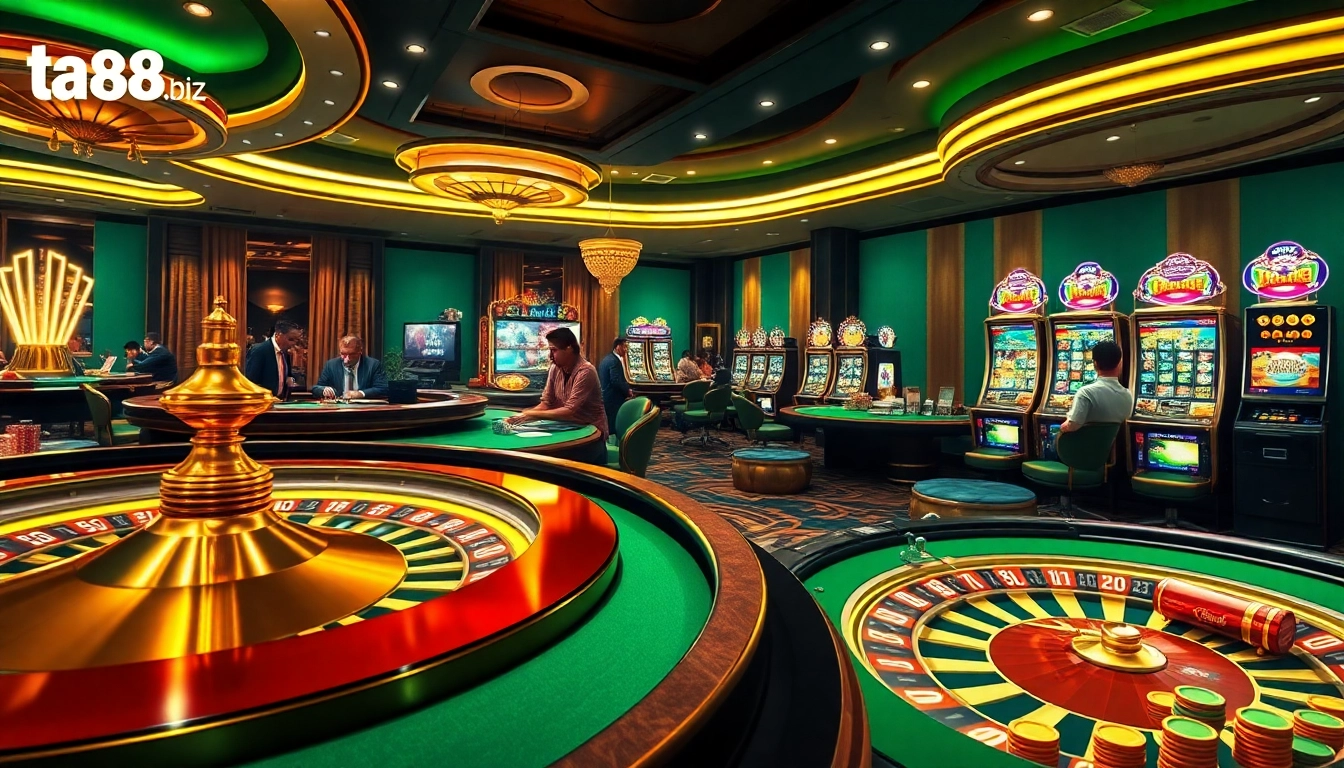 Experience thrilling gameplay at ta88.biz with engaging casino tables, colorful chips, and dynamic roulette.