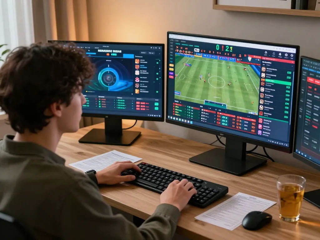 Enjoying live betting on sports events with mb66 at home, showcasing screens with odds and stats