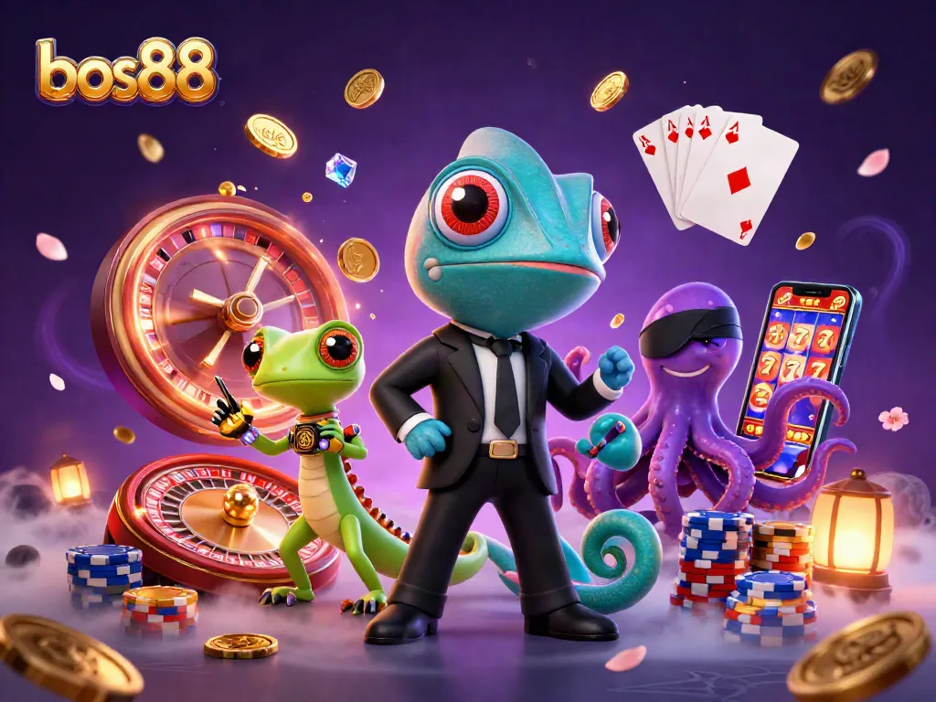 Bettors engage in high-stakes action with bos88 as vibrant coins and cards cascade around characters.