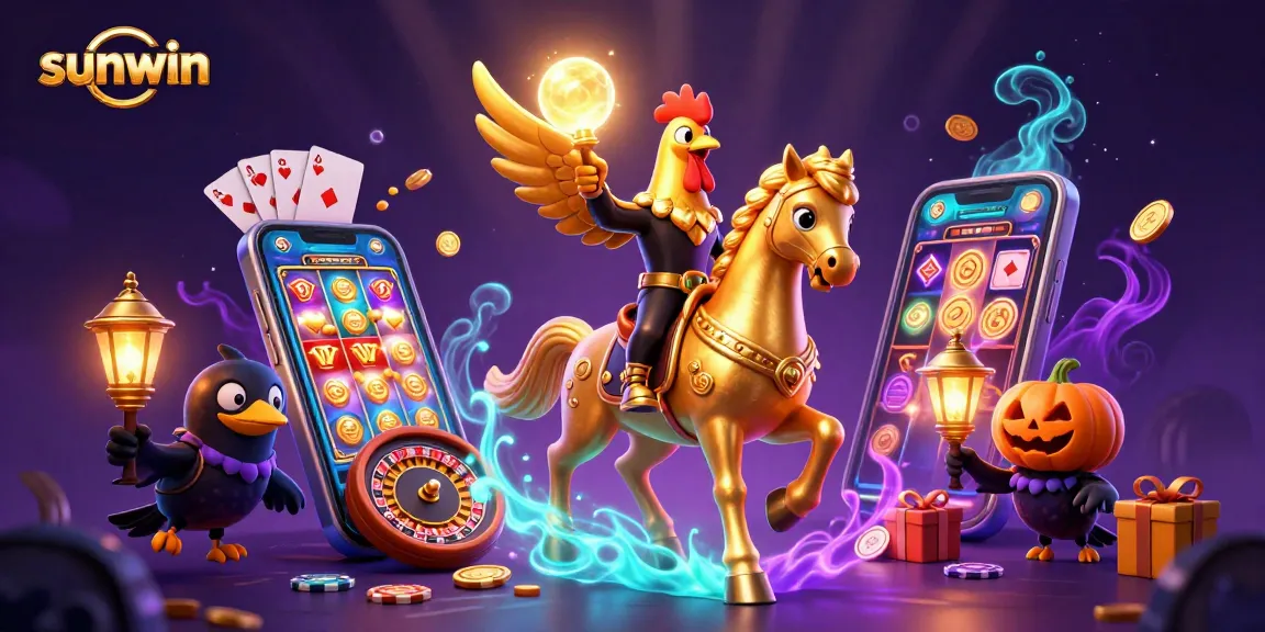 Experience sunwin's thrilling adventure with the golden rooster in a vibrant casino scene.